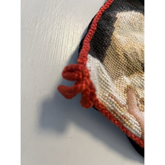 Vtg Pillow Cover Wool Needlepoint Santa Child Girl Dolls Black Velvet Cover Only - Picture 7 of 8